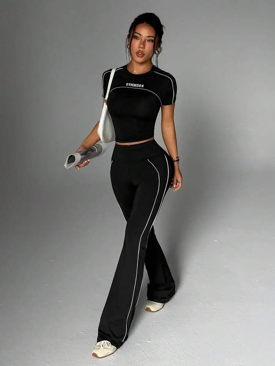 Dewbera Women's Yoga Two-Piece Set Tee and Flared Pants