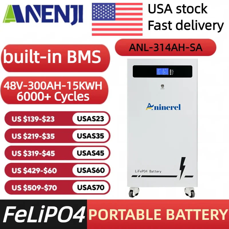 ANENJI 16kWh 51.2V 314Ah LiFePO4 Battery+12kW 48V Split Phase Inverter Off-grid Inverter for Home Backup Emergency with BMS Household solar energy system