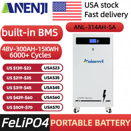 ANENJI 16kWh 51.2V 314Ah LiFePO4 Battery+12kW 48V Split Phase Inverter Off-grid Inverter for Home Backup Emergency with BMS Household solar energy system