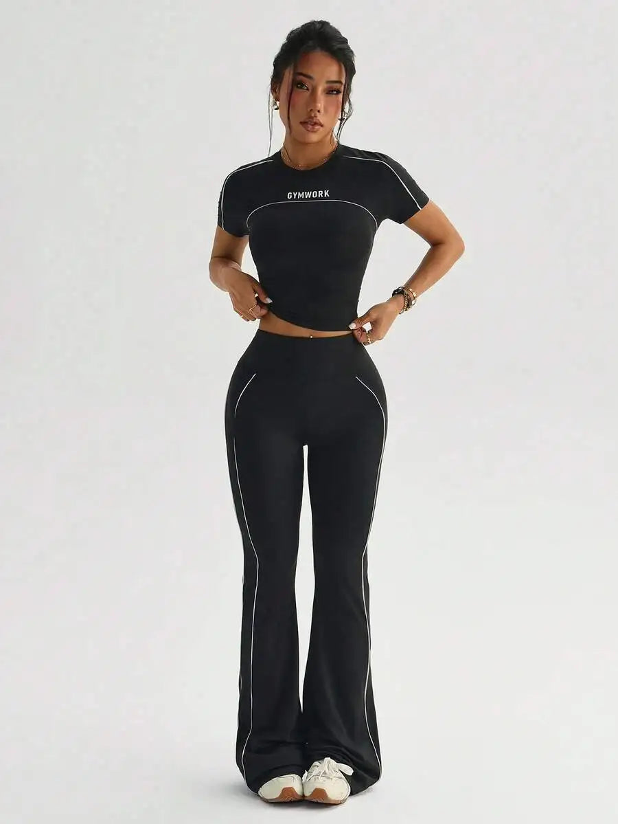 Dewbera Women's Yoga Two-Piece Set Tee and Flared Pants