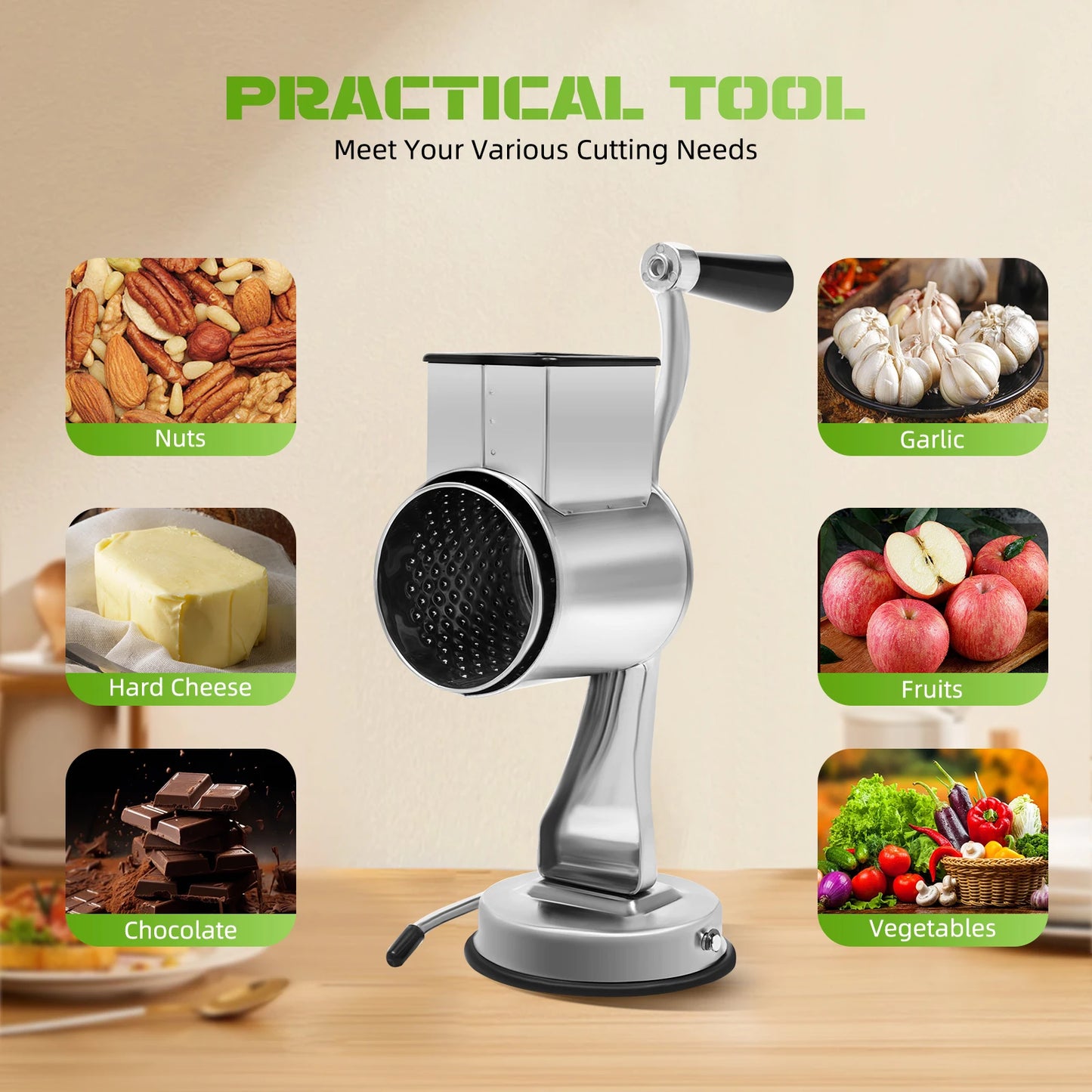 Five Blade Rotary Vegetable Grater With Suction Base Stainless Steel