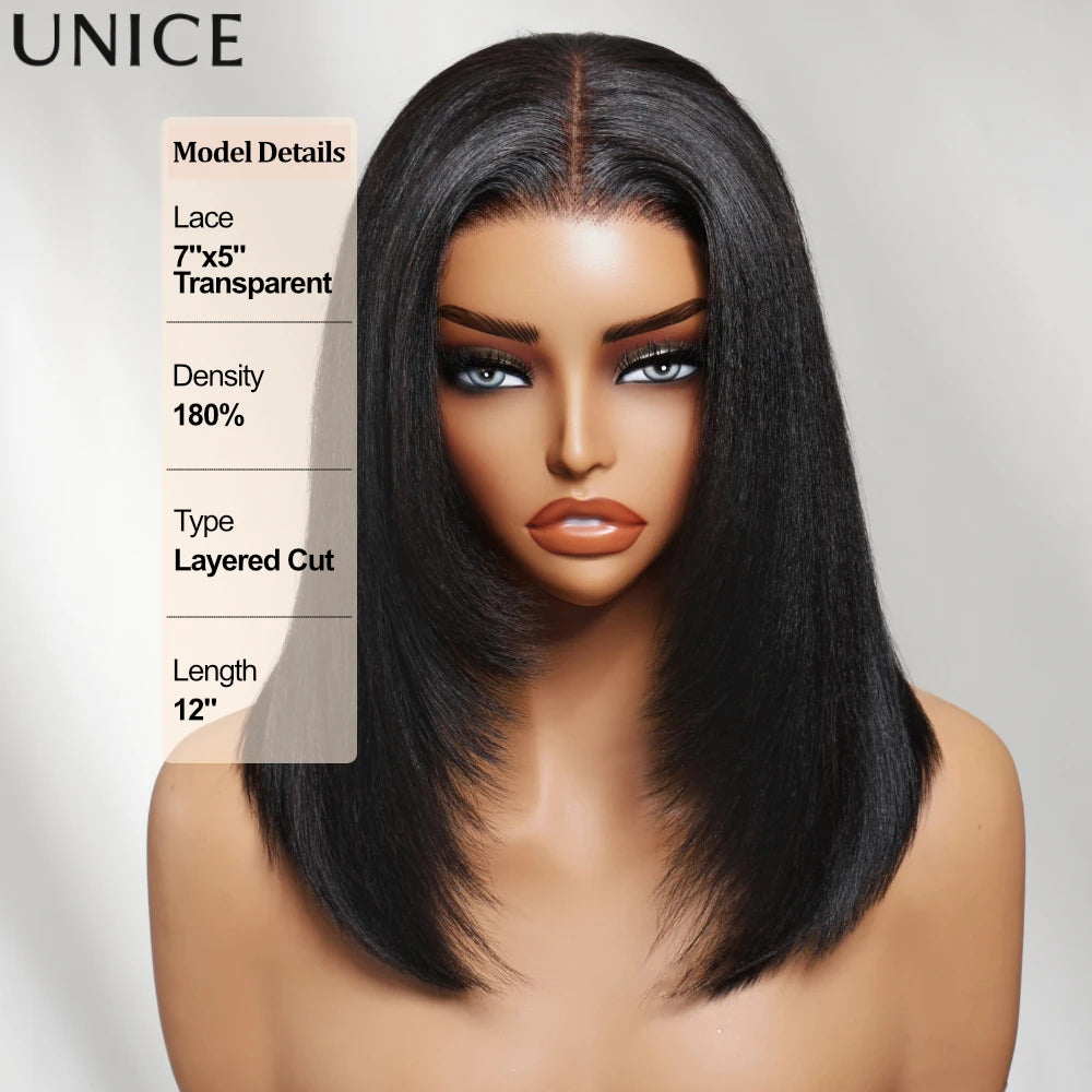 Unice Pre Layered Yaki Bob Glueless Human Hair Lace Wig